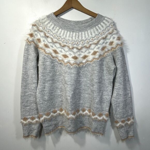 FATE Stitch Fix Wool Blend Sweater Womens S Fuzzy Knit Grey Fair Isle - Picture 1 of 9